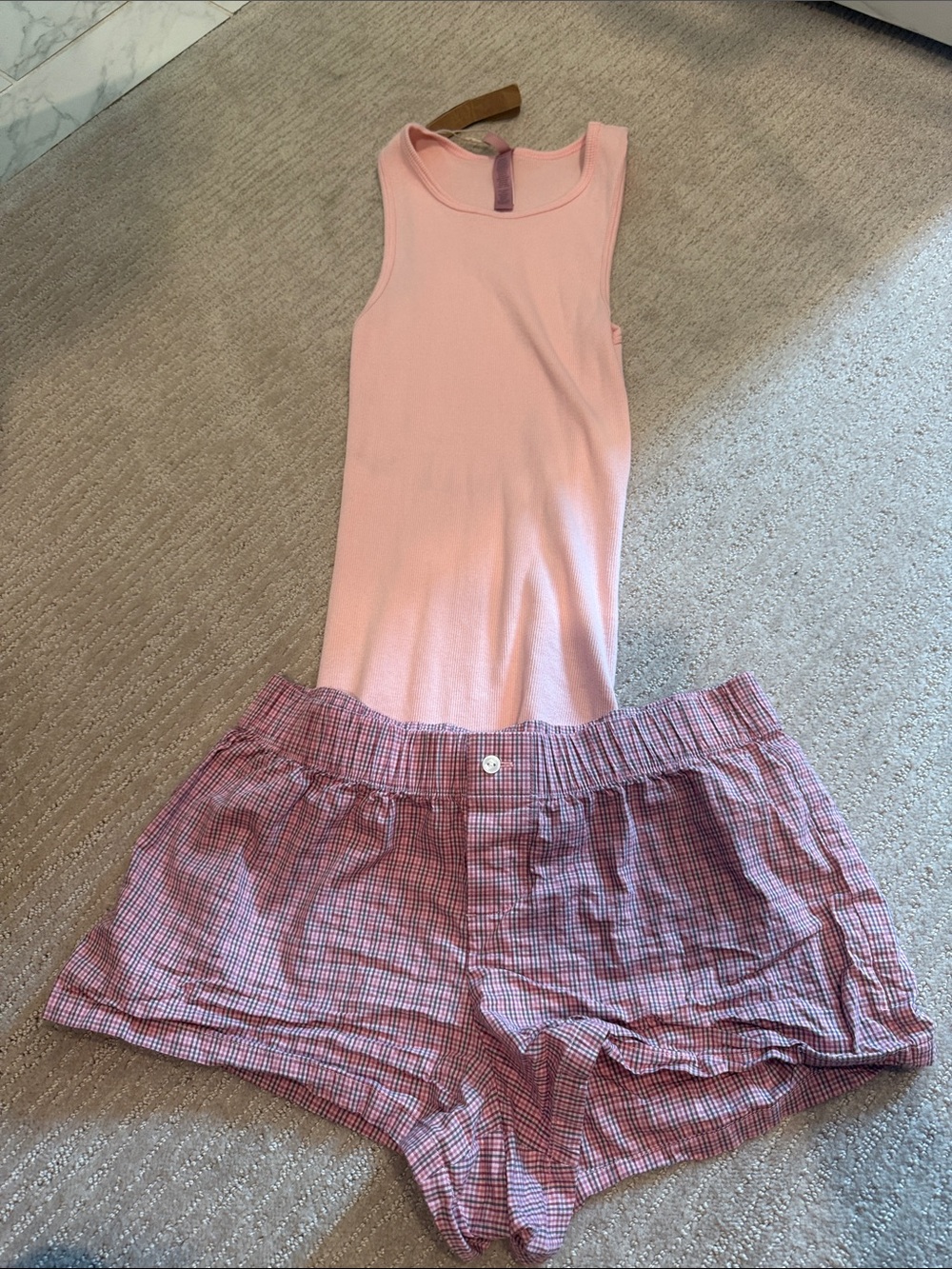 SKIMS Pink Ribbed Tank Bodysuit with Pink Plaid Sleep Shorts